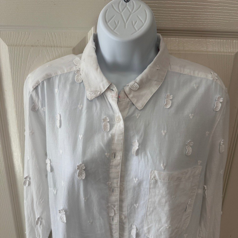 Anthropologie Maeve Sheer Cotton Classic Embroidered Pineapple Button Shirt 14 - Picture 6 of 9